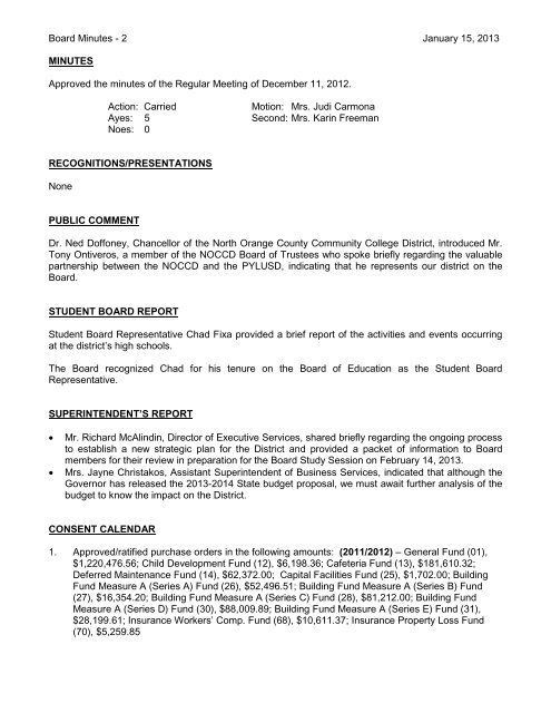 January 15, 2013 Board Minutes - Placentia-Yorba Linda Unified ...