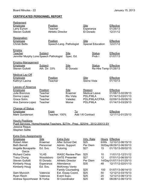 January 15, 2013 Board Minutes - Placentia-Yorba Linda Unified ...