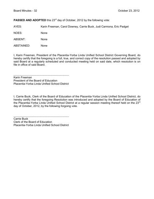 October 23, 2012 Board Minutes - Placentia-Yorba Linda Unified ...