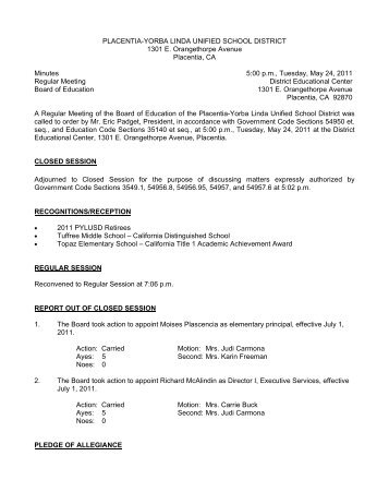 May 24, 2011 Board Minutes - Placentia-Yorba Linda Unified School ...