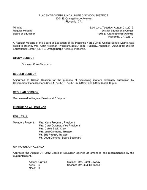 August 21, 2012 Board Minutes - Placentia-Yorba Linda Unified ...