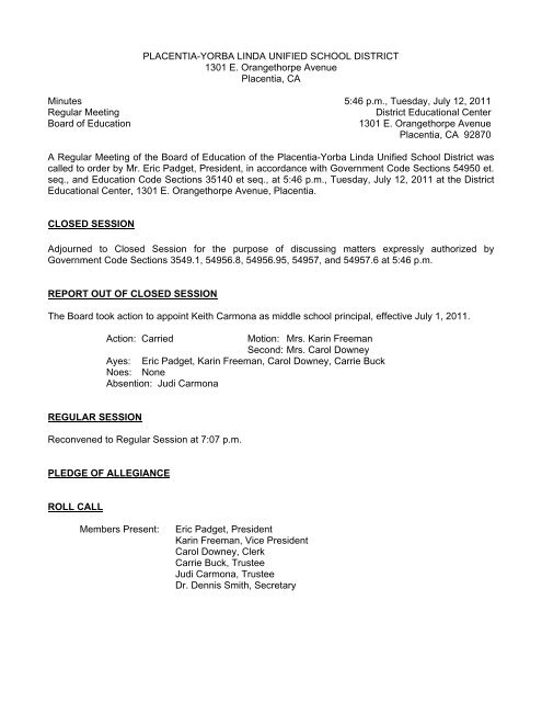 July 12, 2011 Board Minutes - Placentia-Yorba Linda Unified School ...