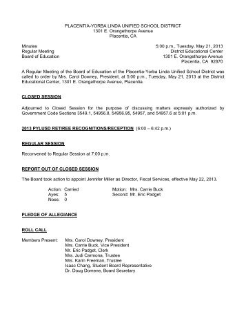 May 21, 2013 Board Minutes - Placentia-Yorba Linda Unified School ...