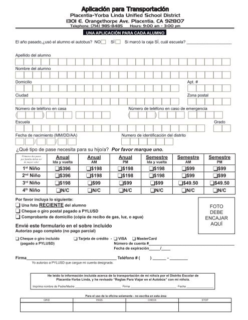 Bus Pass Application - Placentia-Yorba Linda Unified School District