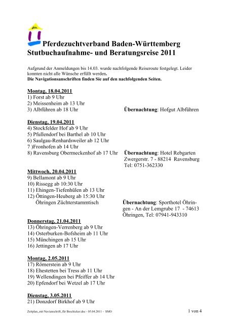 und Beratungsreise 2011 - Pferdezuchtverband Baden-Württemberg