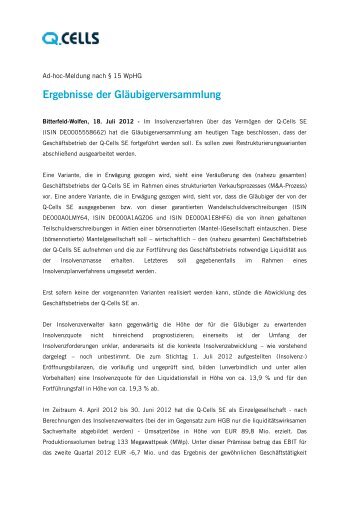 Ergebnisse der GlÃ¤ubigerversammlung - Hanwha Q CELLS