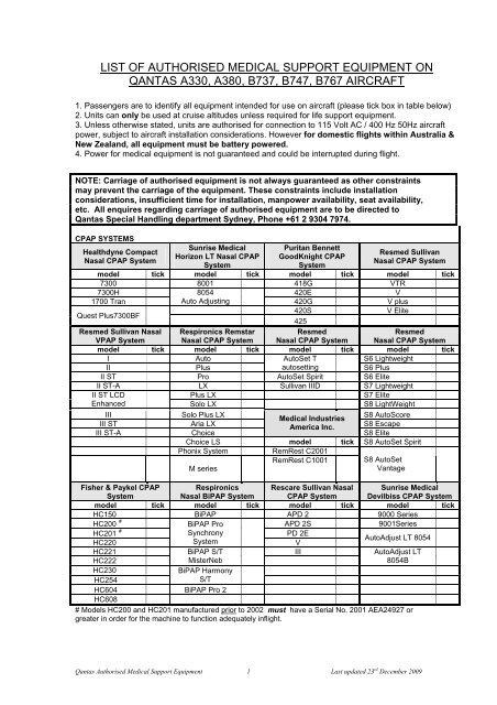 list of authorised medical support equipment on qantas a330, a380