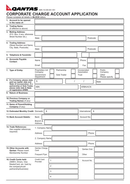 Qantas Corporate Charge Account Application