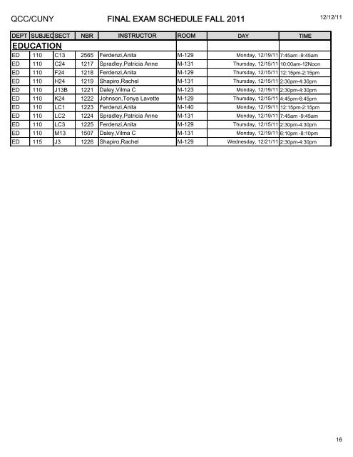 QCC/CUNY FINAL EXAM SCHEDULE FALL 2011 ART