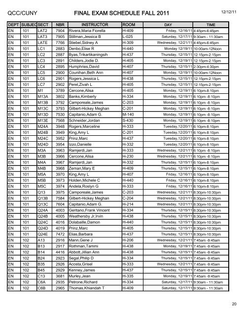 QCC/CUNY FINAL EXAM SCHEDULE FALL 2011 ART