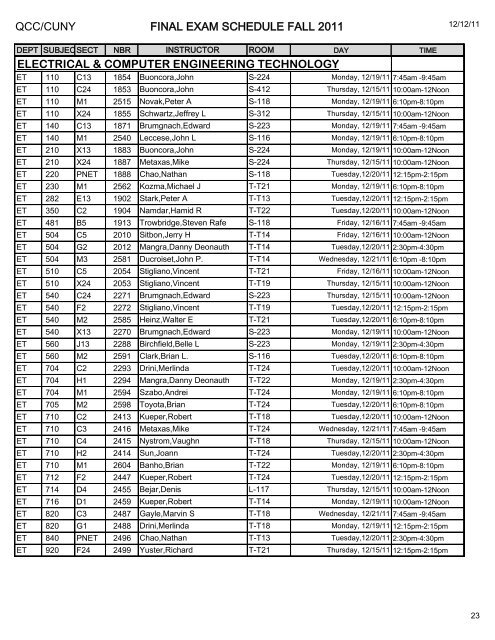 QCC/CUNY FINAL EXAM SCHEDULE FALL 2011 ART