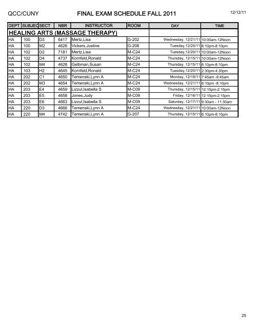 QCC/CUNY FINAL EXAM SCHEDULE FALL 2011 ART