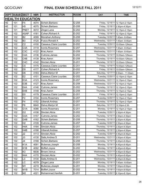 QCC/CUNY FINAL EXAM SCHEDULE FALL 2011 ART