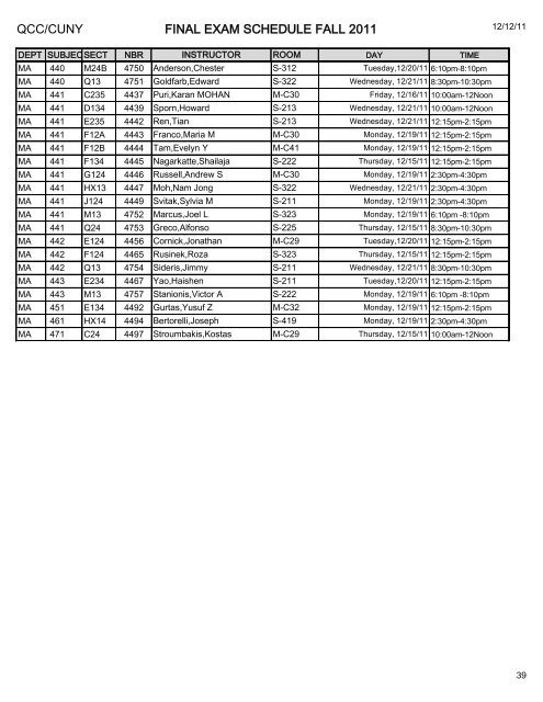 QCC/CUNY FINAL EXAM SCHEDULE FALL 2011 ART