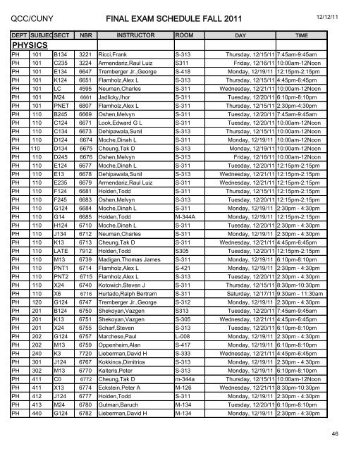 QCC/CUNY FINAL EXAM SCHEDULE FALL 2011 ART