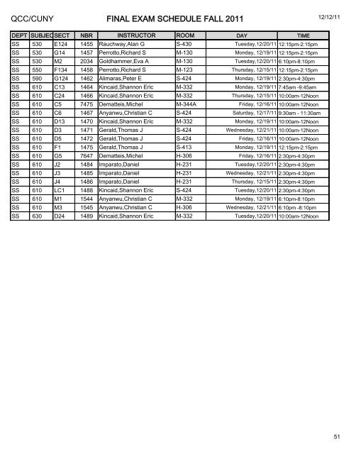 QCC/CUNY FINAL EXAM SCHEDULE FALL 2011 ART