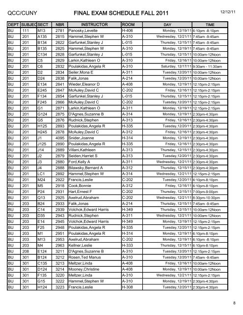 QCC/CUNY FINAL EXAM SCHEDULE FALL 2011 ART