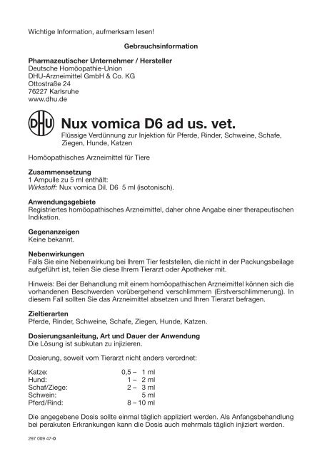 Nux vomica D6 ad us. vet. - DHU