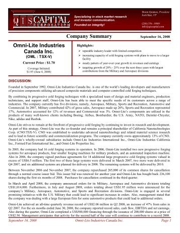 Company Summary Omni-Lite Industries Canada Inc.