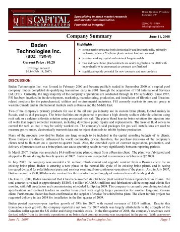 Company Summary Baden Technologies Inc.