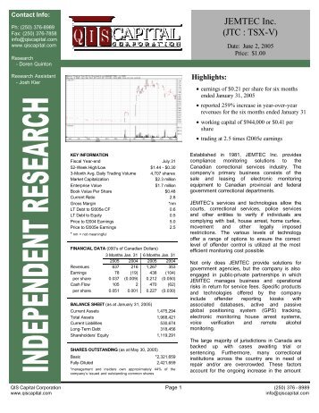 JEMTEC Inc. (JTC : TSX-V) - Canadian Small Caps