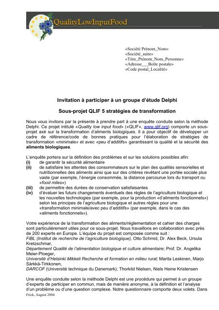 Invitation à participer à un groupe d'étude Delphi Sous-projet QLIF 5 ...