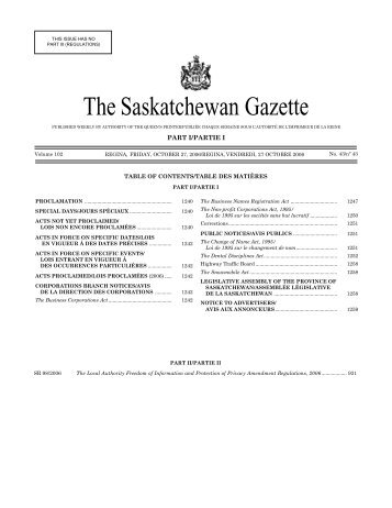 Sask Gazette, Part I, Oct 27, 2006 - Queen's Printer - Government of ...