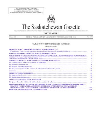 The Saskatchewan Gazette - Queen's Printer - Government of ...