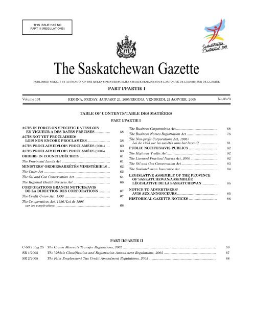 January 21, 2005 - Queen's Printer - Government of Saskatchewan