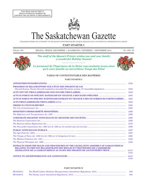 dECEmbEr 7, 2012 - Queen's Printer - Government of Saskatchewan