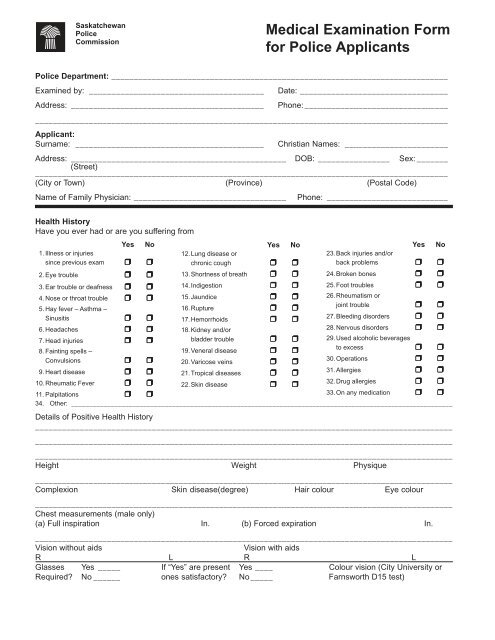 Medical Examination Form for Police Applicants