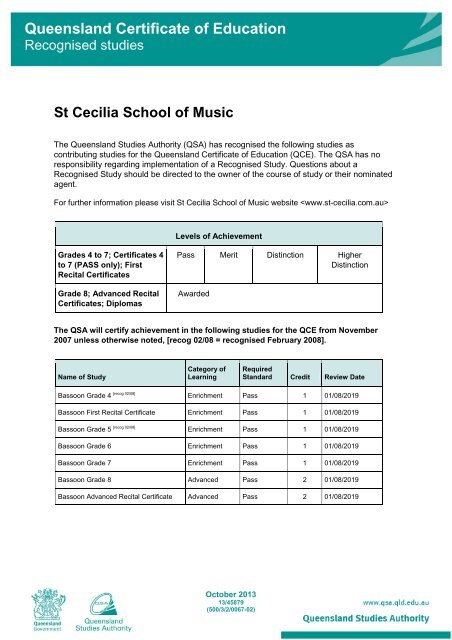 St Cecilia School of Music - Queensland Studies Authority