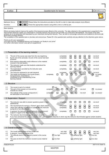 MUSTER EvaSys Questionnaire for lectures 1. Presentation of ... - QSL