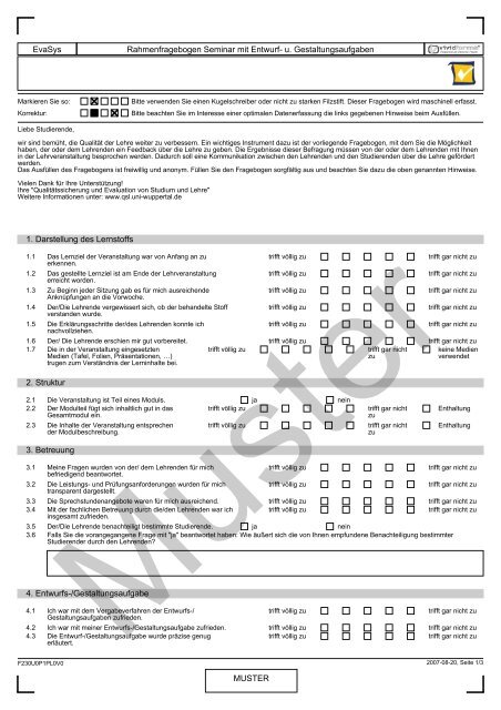 Muster Evasys Rahmenfragebogen Seminar Mit Entwurf U Qsl