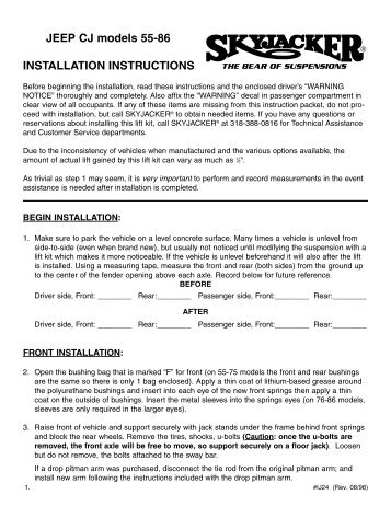 JEEP CJ models 55-86 INSTALLATION INSTRUCTIONS - Skyjacker