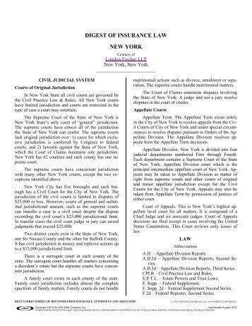 DIGEST OF INSURANCE LAW NEW YORK - A.M. Best