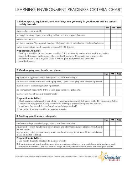 Learning Environment Checklist - Qualistar Colorado