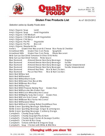 Gluten Free Products List - Quality Foods