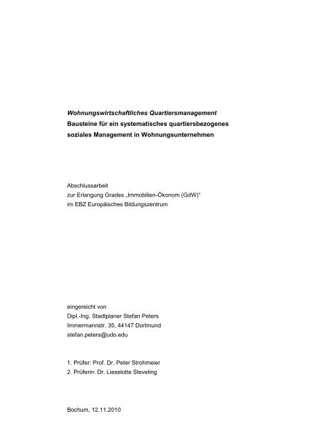 Wohnungswirtschaftliches Quartiersmanagement Bausteine fÃ¼r ein ...