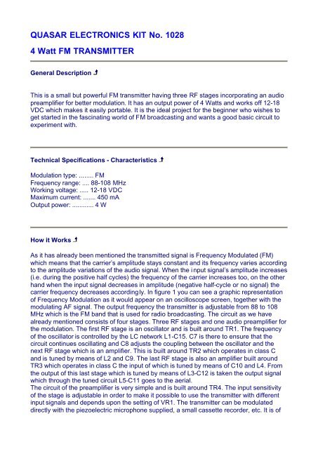 QUASAR ELECTRONICS KIT No. 1028 4 Watt FM TRANSMITTER