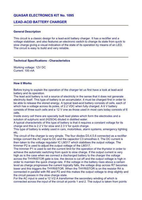 Lead-Acid Battery Charger Electronic Kit - Quasar Electronics