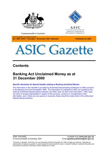 Commonwealth of Australia ASIC Gazette 24/01 dated 1 November ...
