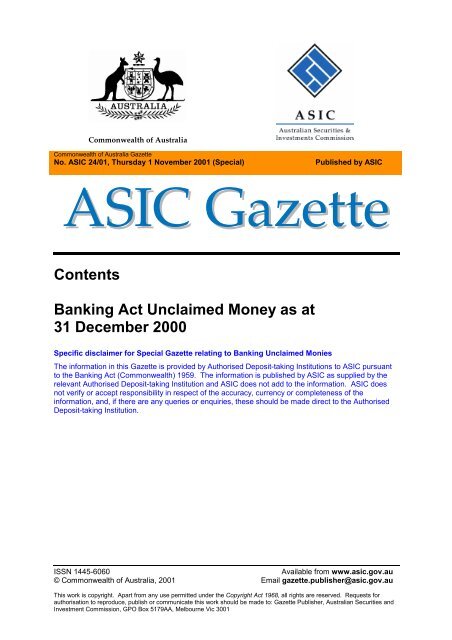 Commonwealth Of Australia Asic Gazette 24 01 Dated 1 November