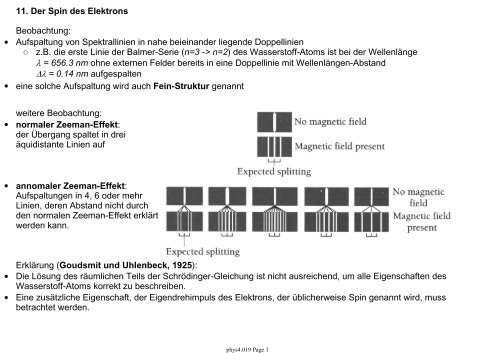 11. Der Spin des Elektrons Beobachtung: • Aufspaltung von ...