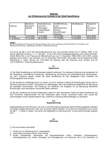4 21 Satzung zur Erhebung einer Kurtaxe in der Stadt Quedlinburg