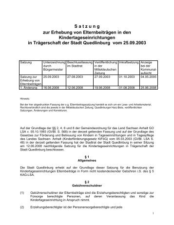 Satzung zur Erhebung von ElternbeitrÃ¤gen in den ... - Quedlinburg