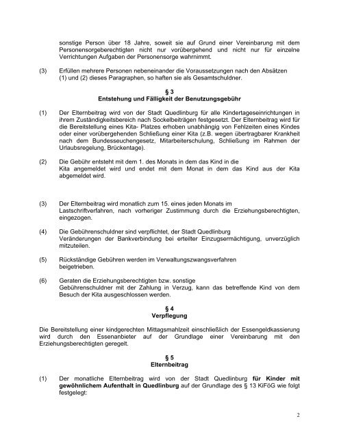 Satzung zur Erhebung von ElternbeitrÃ¤gen in den ... - Quedlinburg
