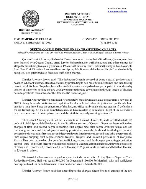 for immediate release contact - Queens County District Attorney