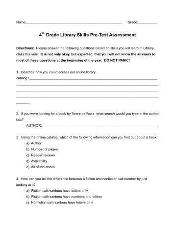 4 Grade Library Skills Pre-Test Assessment