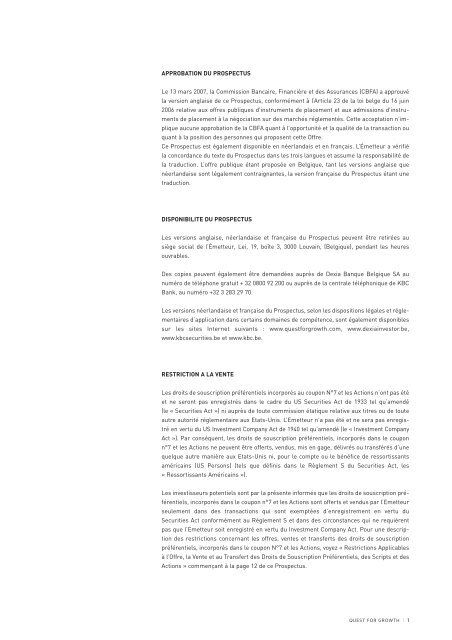 Prospectus Augmentation de Capital 2007 - Quest for Growth